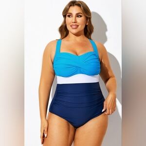 NEW NWT MeetCurve Plus Size Blue and White Twist Front One Piece Swimsuit Sz 4XL